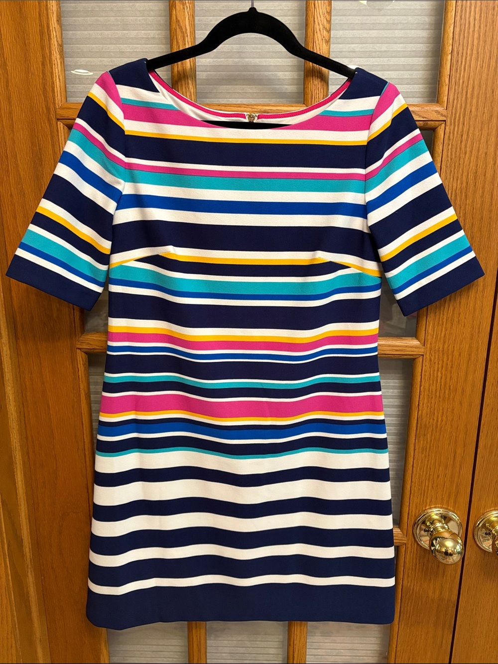 EUC Eliza J Navy Striped Midi Dress with Multicolor Bands